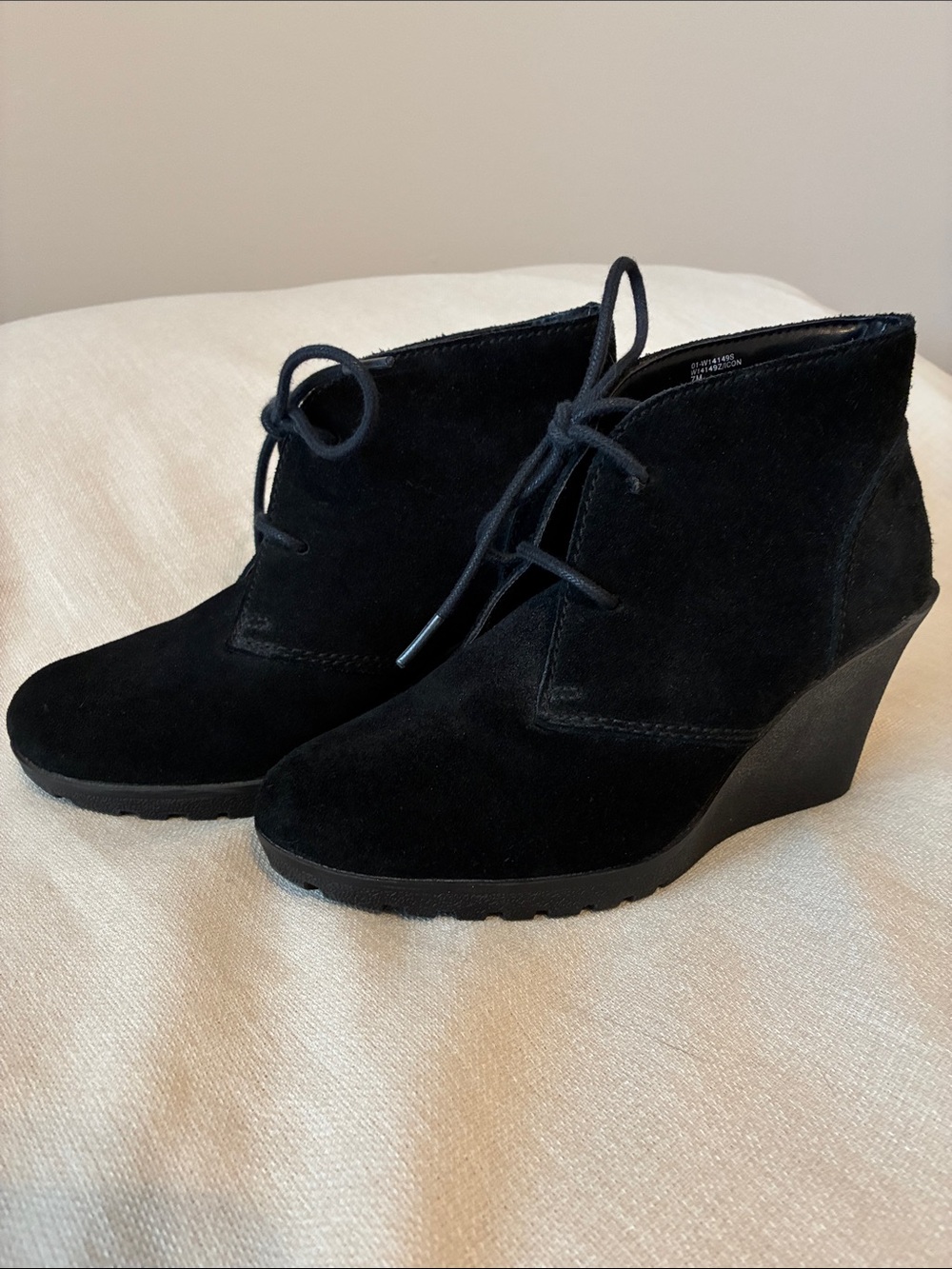 White Mountain Black Suede Lace-Up Wedge Booties